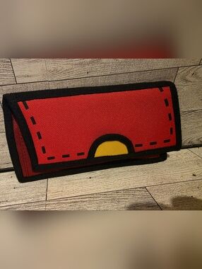 Jump From Paper Red Cartoon-Style Flap Wallet Clutch with Yellow Accent